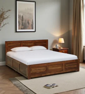 Gartz Sheesham Wood Queen Size Bed In Provincial Teak